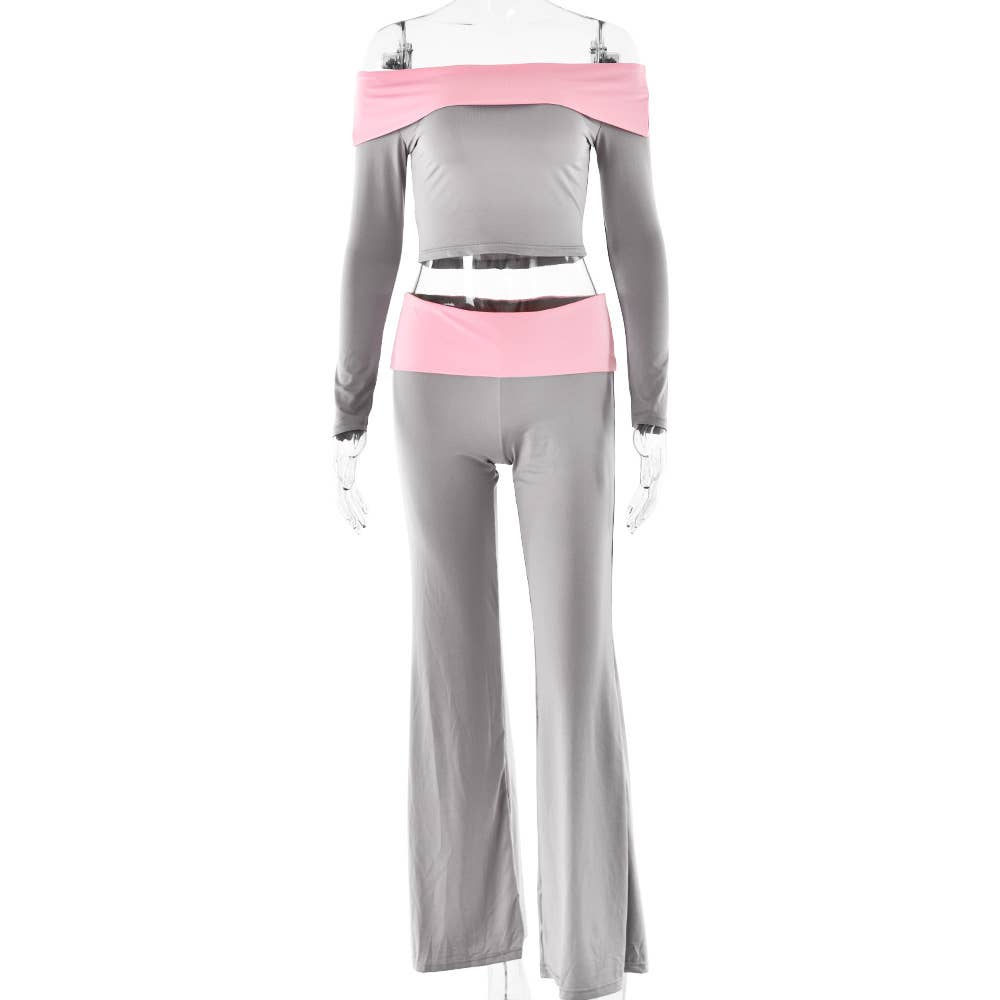 Off-the-shoulder top flared pants suit