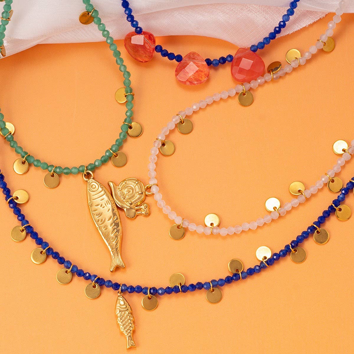 Natural Stone Necklace with Fish Pendant