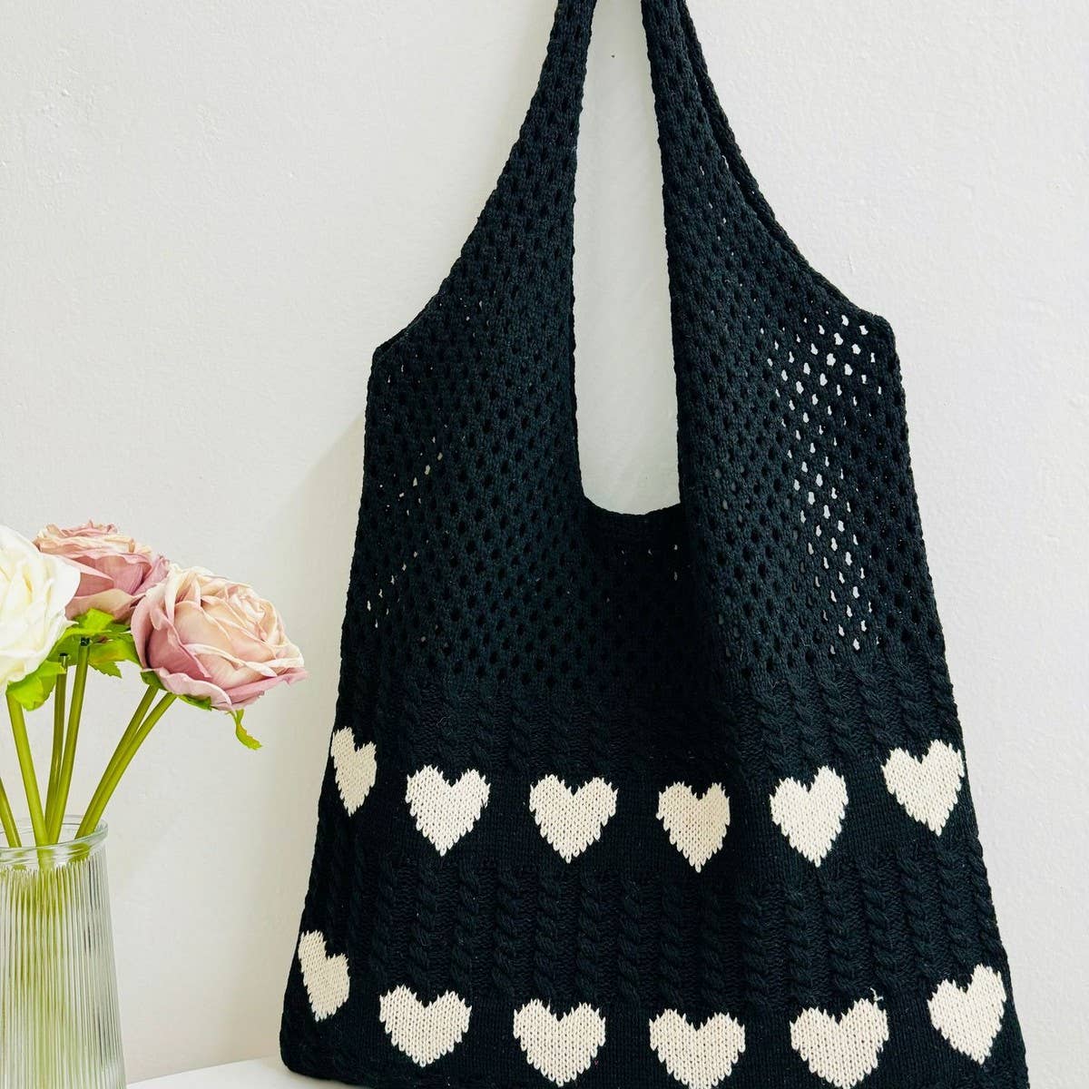 CWAB5068_HEART PATTERN WOVEN BAG LARGE CAPACITY TOTE BAG