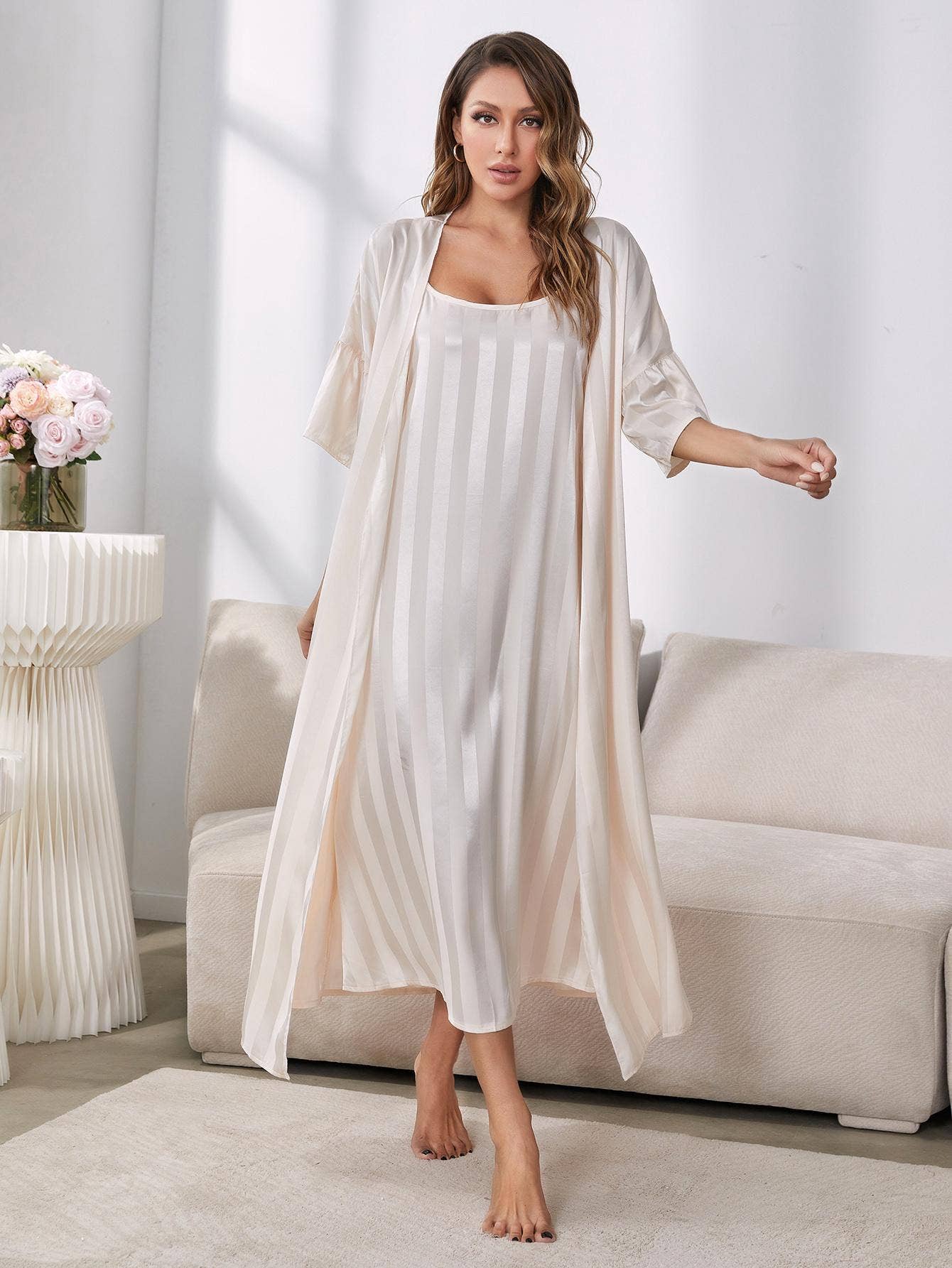 Long-sleeved ice silk bathrobe and home wear set