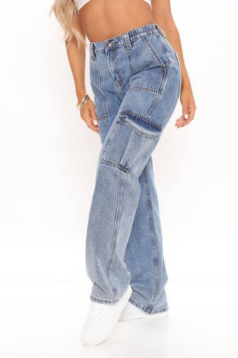 HIGH-WAISTED ELASTIC-WAISTBAND BAGGY CARGO JEANS