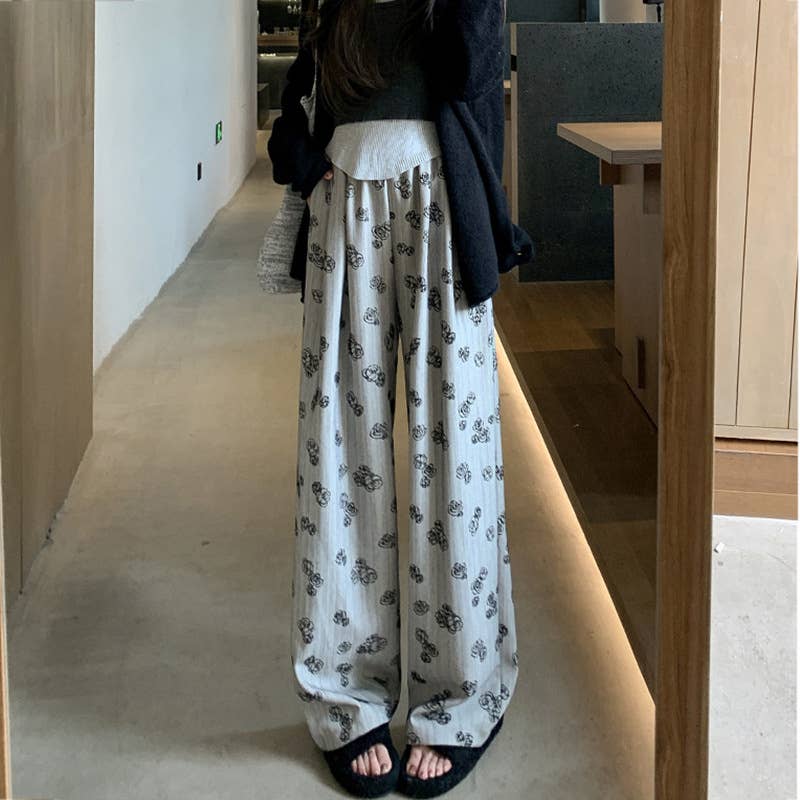 FLORAL PRINT ELASTIC WAIST STRAIGHT LEG PANTS