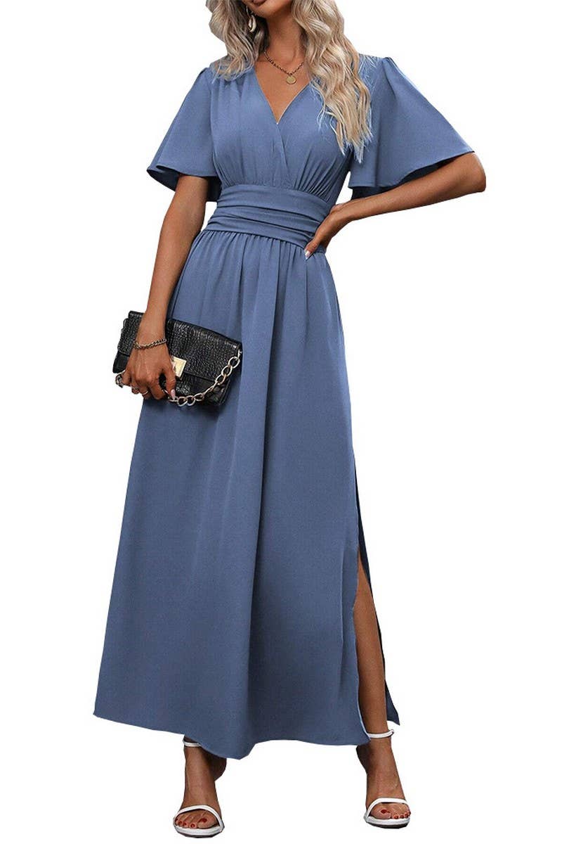 CWDMD4017_DEEP V WAIST LONG DRESS WITH SLITS ON BOTH SIDES
