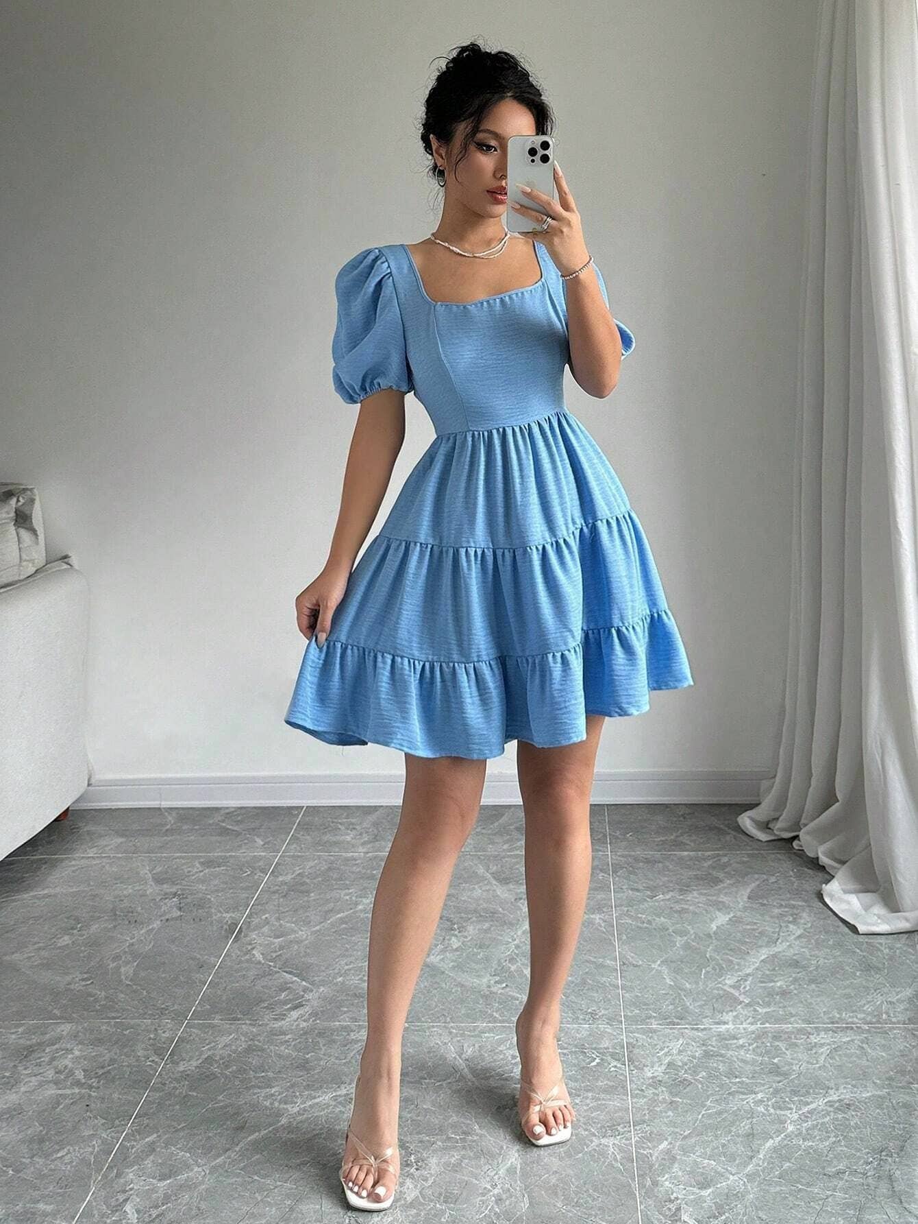 Square-neck,backless,high-waisted A-line dress