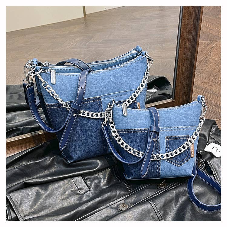 Retro patchwork denim large-capacity bag