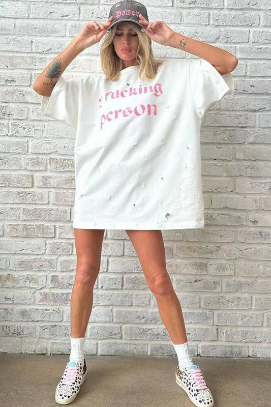 Cwtts1287_Letter Print Ripped Style Mid-Length Short Sleeve