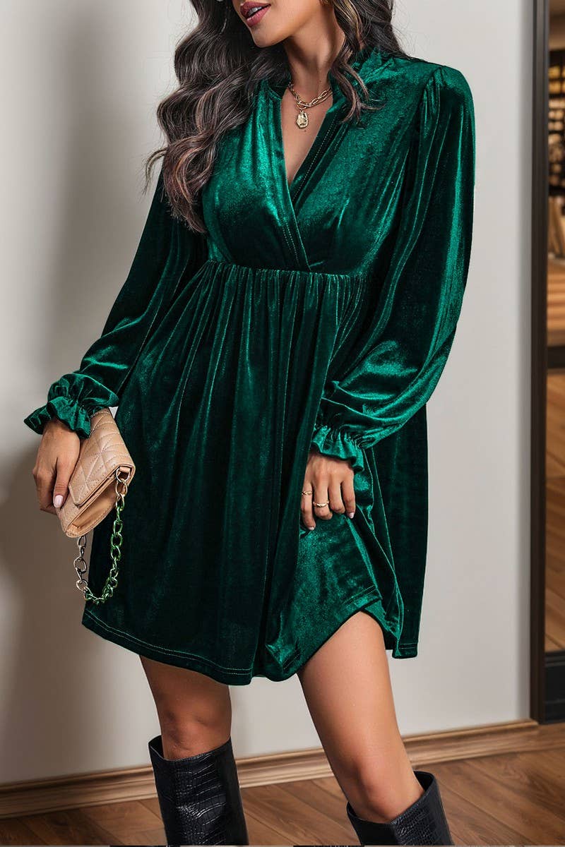 CWDSD6217_V-NECK LONG-SLEEVED GOLD VELVET DRESS