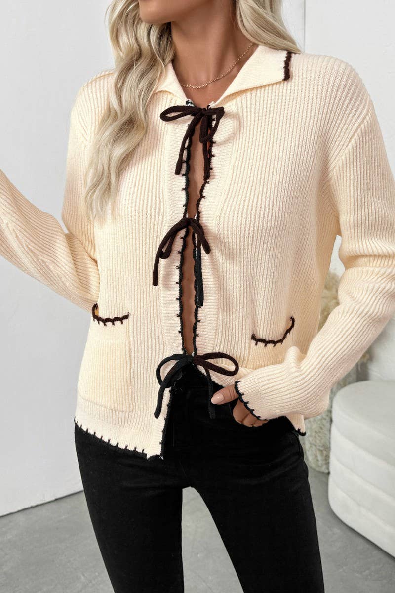 CWOCAL00583_CHIC BOW TIE CONTRAST TRIM CARDIGAN SWEATER
