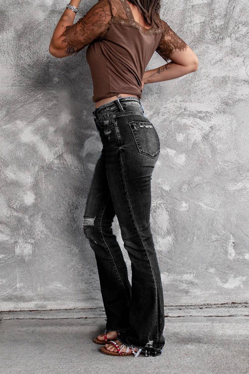 CWJP0604_HIGH WAIST STRETCH RIPPED FRAYED HEM FLARE JEANS