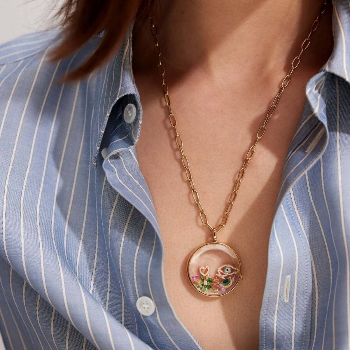 Crystal Heart Locket Necklace with Sun & Flowers