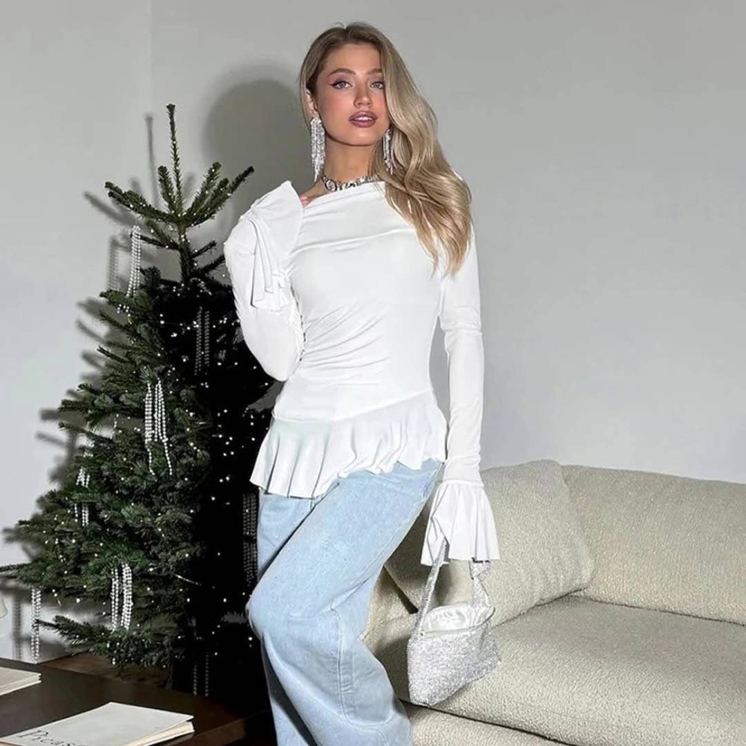 Solid color long-sleeved ruffled slim T-shirt