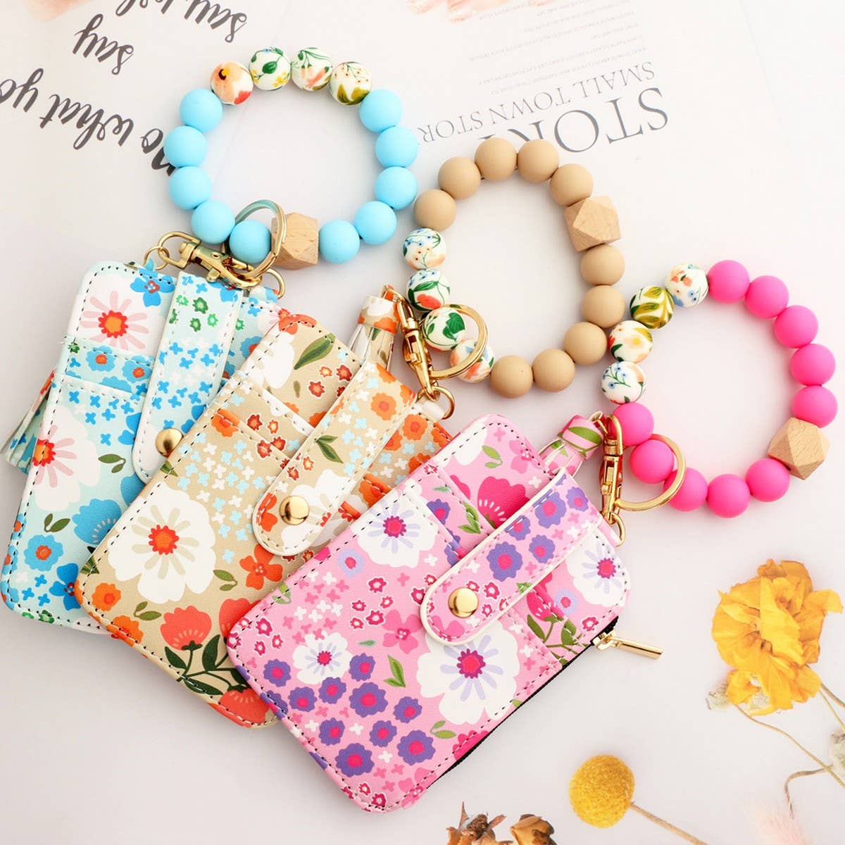 Floral PU Wallet with Bead Bracelet & Card Holder_CWAB4955