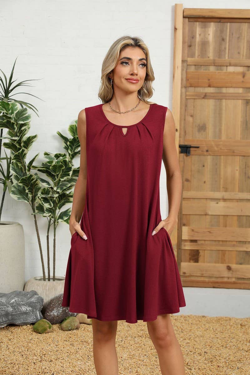 CWDSD8718_SOLID V-NECK RUCHED POCKET SLEEVELESS DRESS