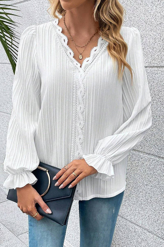 LONG SLEEVE V NECK LACE STITCHING BLOUSE_CWTBLL0595