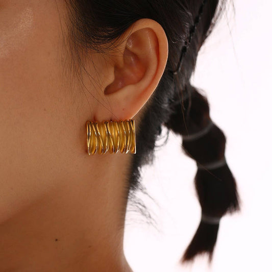 Minimalist 18K Steel Square Wave Stud Earrings