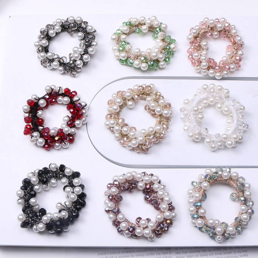 Fashion Pearl Crystal Hair Band Bun Ponytail Tie_CWAHA6768