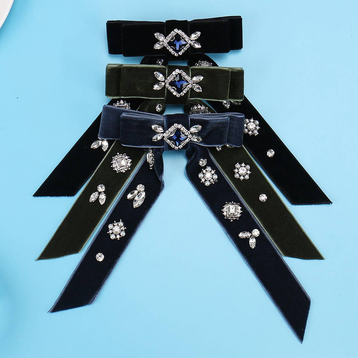 VINTAGE CRYSTAL HAIRPIN VELVET BOW HAIR ACCESSORY