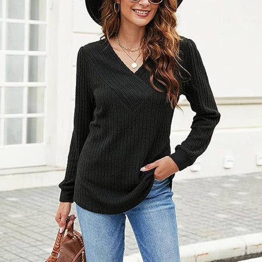 LONG SLEEVE V-NECK PIT STRIP CASUAL TOP