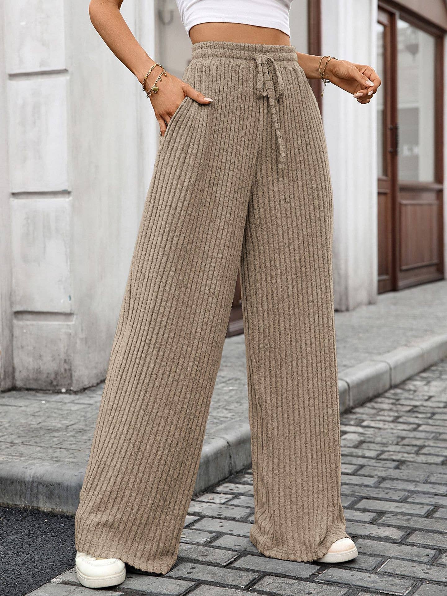 Drawstring pit strip elastic waist long pants