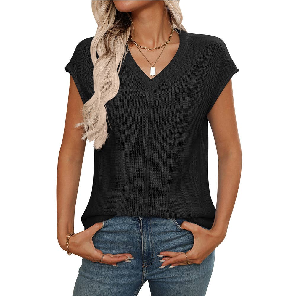 V-neck solid color knitted translucent sweater