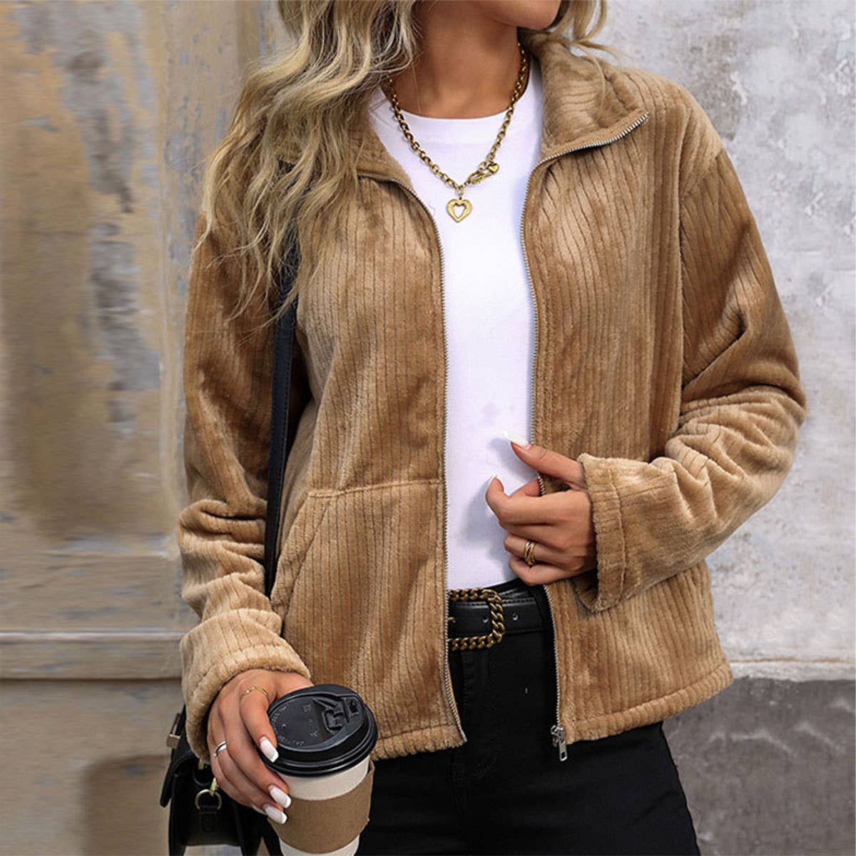 Lapel plush pocket zipper solid color coat