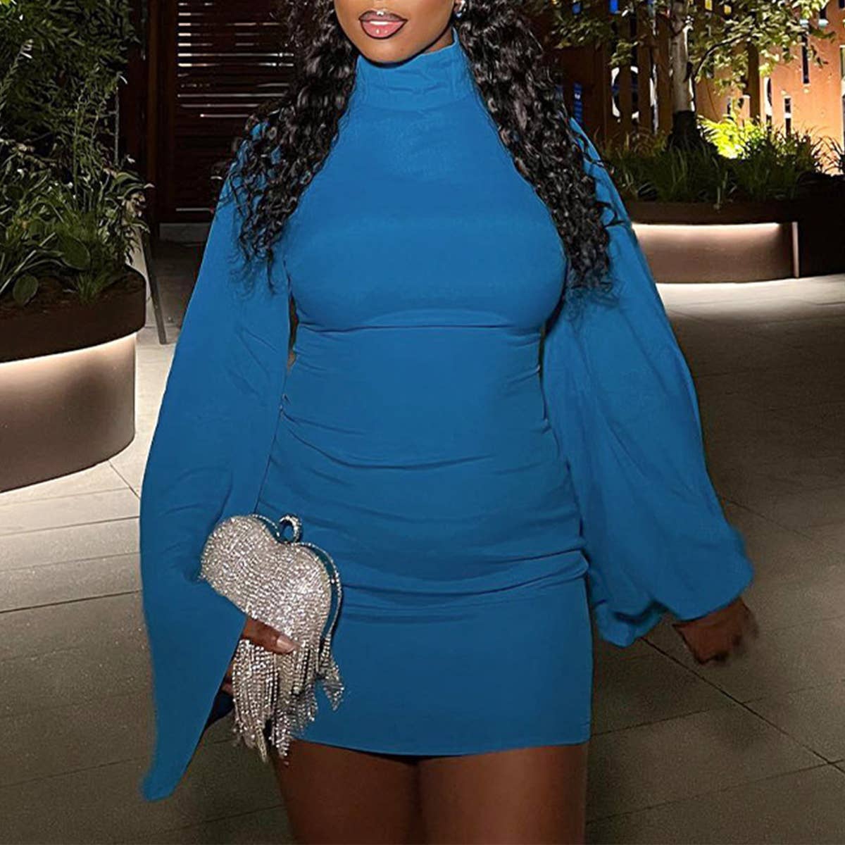 STYLISH TURTLENECK SOLID COLOR WRAP HIP DRESS