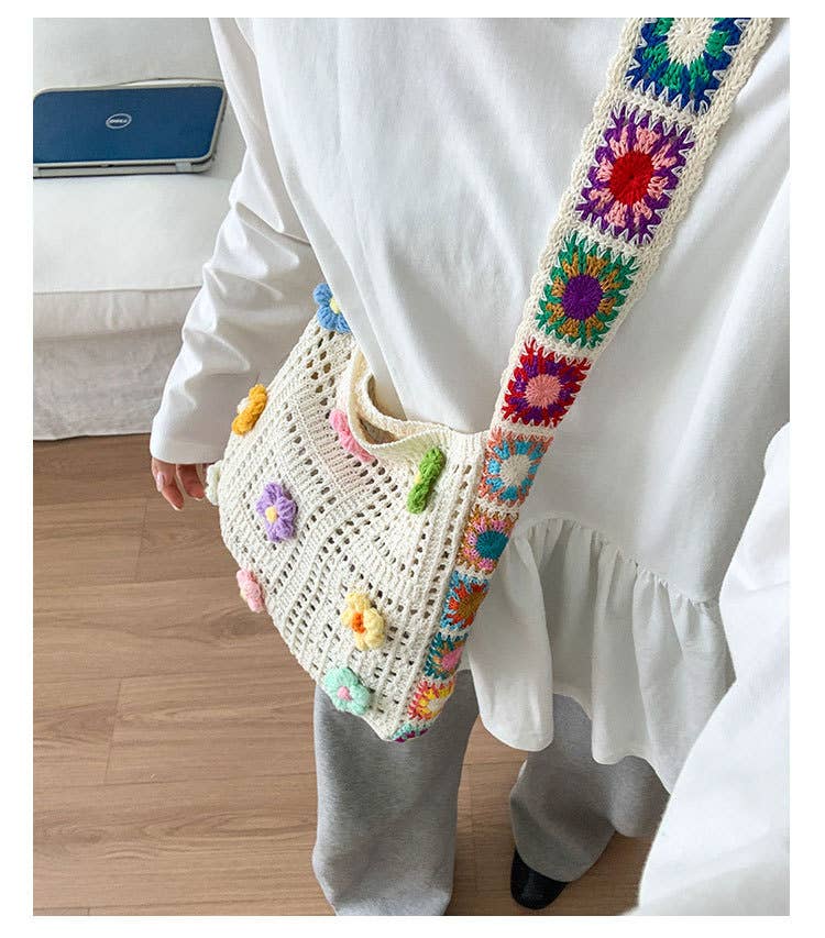 Ethnic-style artistic flower patchwork knit bag