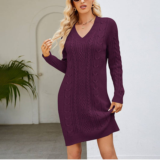 Solid color V-neck floral long sweater dress