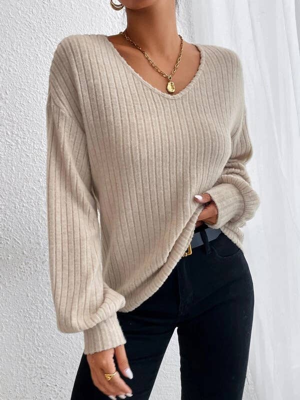 V-NECK DROP SHOULDER SLEEVED T-SHIRT LOOSE KNIT
