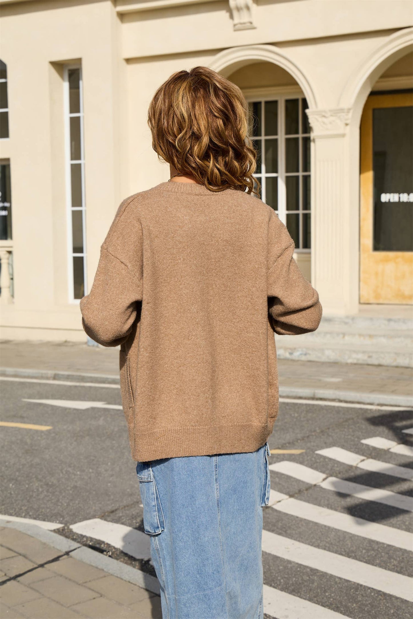 Round tie pocket loose single breasted cardigan