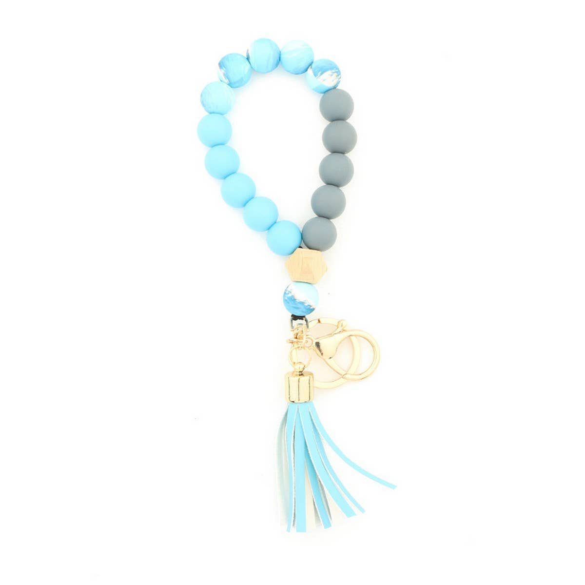 Silicone & Wood Bead Bracelet with Leather Keychain