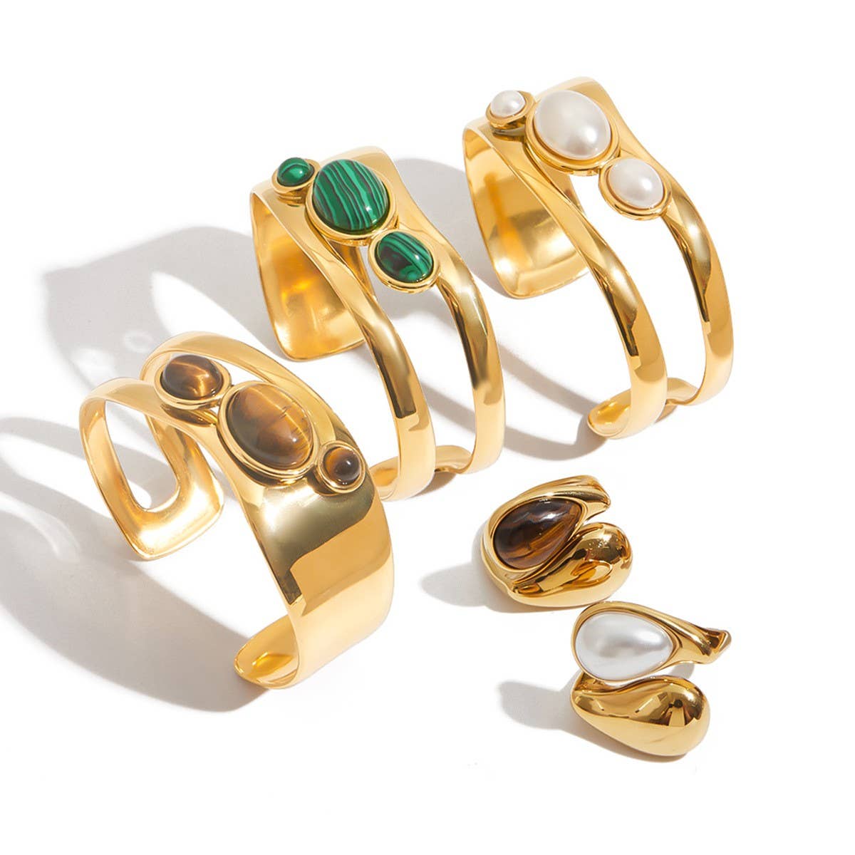 Hollow Pearl & Stone Open Cuff in Stainless Steel