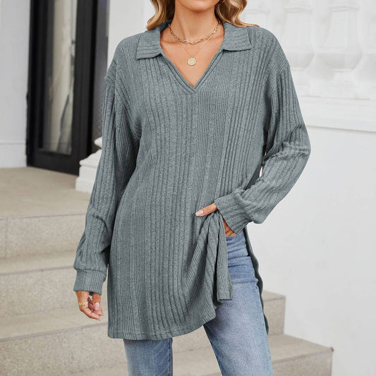 Solid-color V-neck long-sleeved loose slit Top