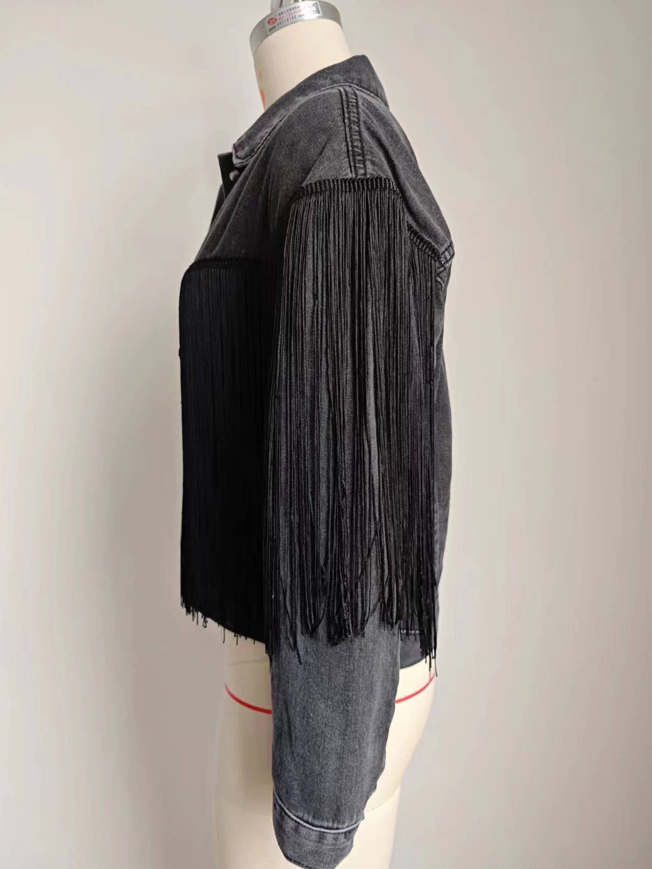 WASHED LONG SLEEVE DENIM JACKET WITH FRINGE