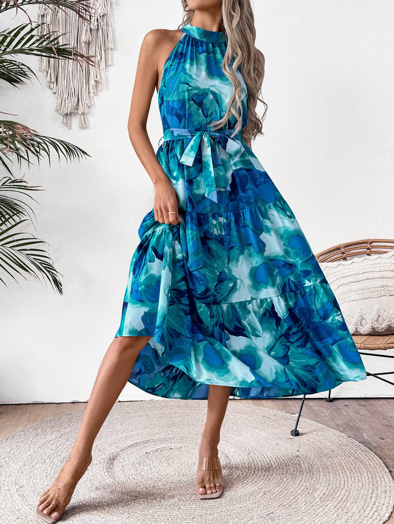 Fashion elegant printed halter sleeveless dress
