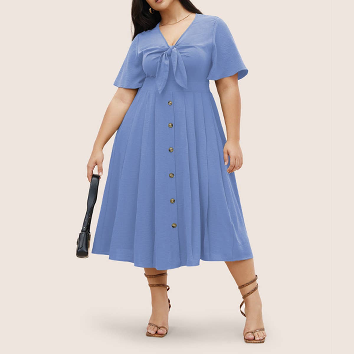 Waist Cinched V-Neck Maxi Dress ? Flowy Hem