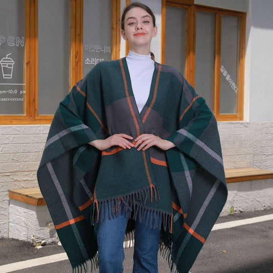 WOMEN THICKENED TASSEL PINSTRIPE SHAWL CAPE