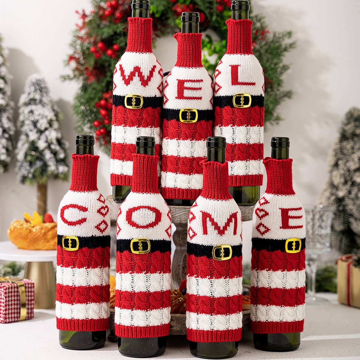 CWMM10337_KNITTED LETTER WINE BOTTLE COVER RED WHITE STRIPES