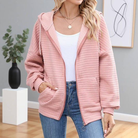 Solid-color zipper long-sleeved hooded jacket