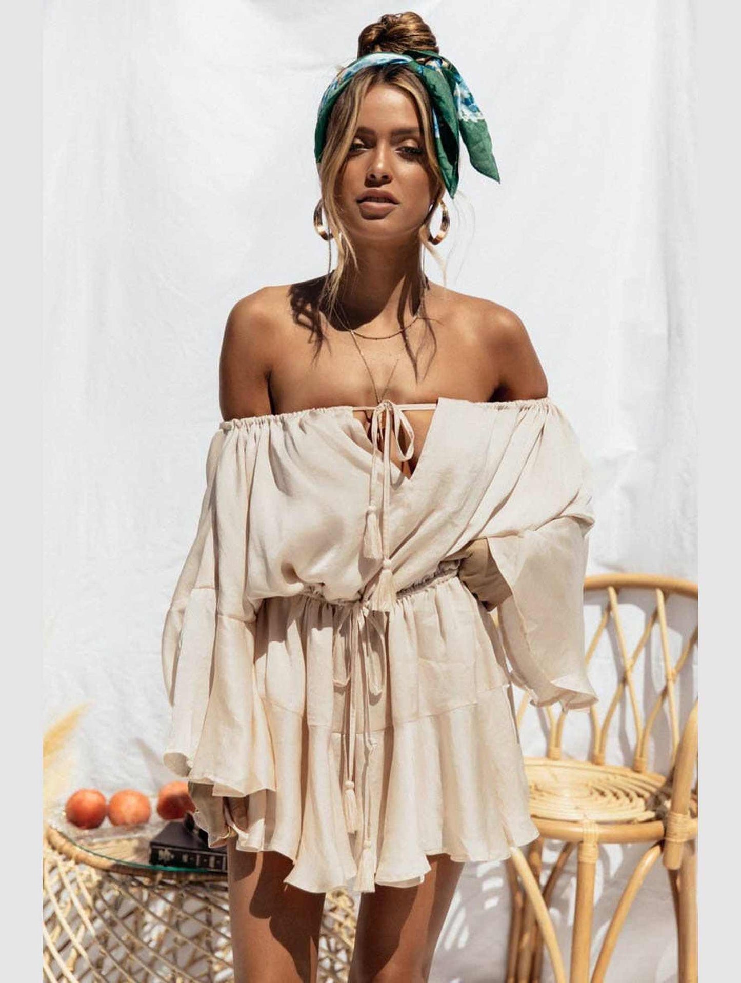 A LINE NECK DRAWSTRING FLARED SLEEVE JUMPSUIT_CWSJS0530