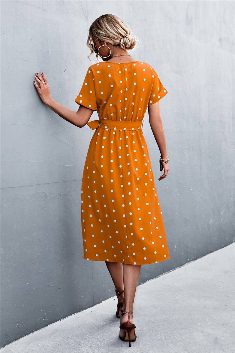 POLKA DOT BREASTED LACE UP DRESS_CWDSD2477