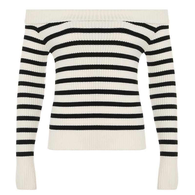 SLOUCHY SWEATER CONTRASTING LINE NECK AND STRIPES