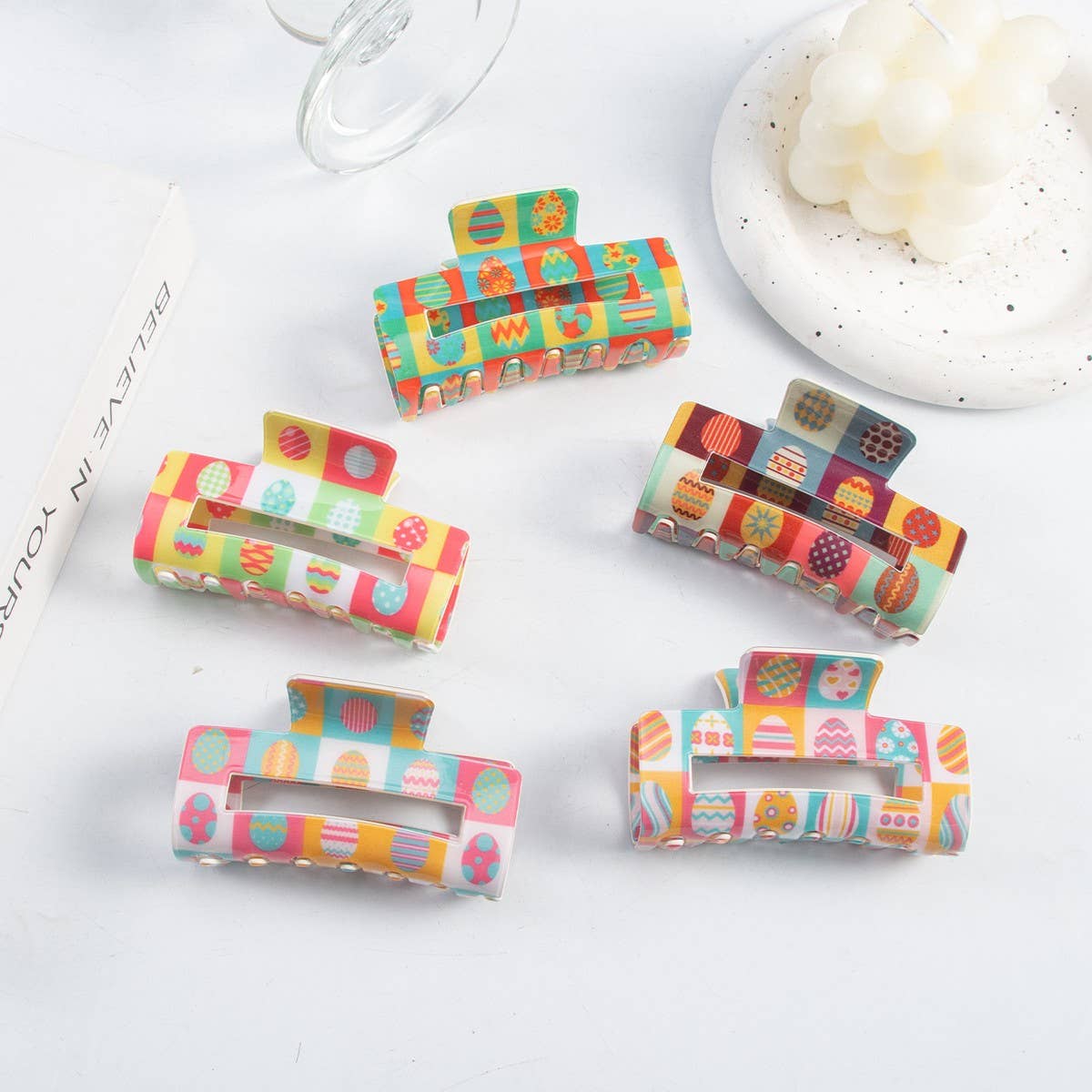 CWAHA1390_COLOR MATCHING PRINTED RECTANGLE HAIR CLAW CLIP