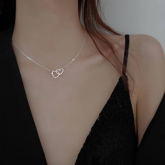 Cold wind design feeling double ring heart clavicle chain