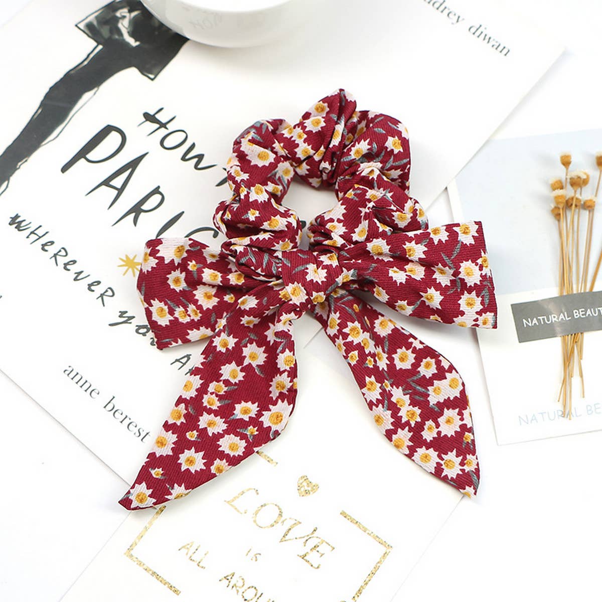 SIMPLE PRINTED RIBBON BOW HAIR TIE_CWAHA1067