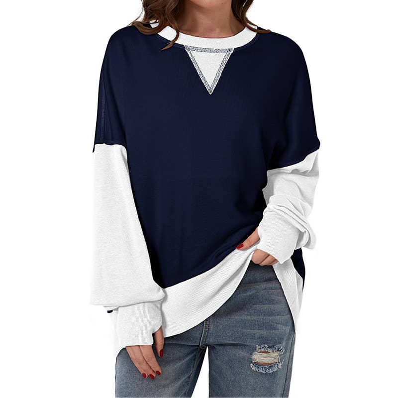 Two-tone round-neck loose pullover hoodie