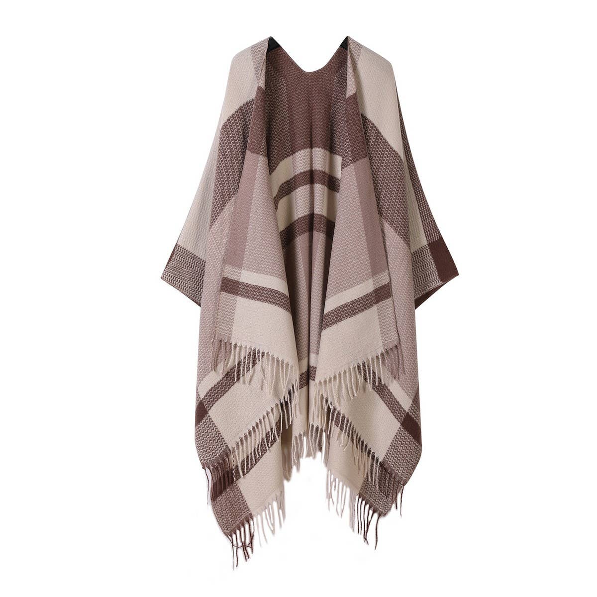 FRINGED SLIT SHAWL PLAID SCARF WARM CAPE