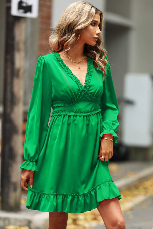 CWDSD6409_RUFFLED DEEP V LONG-SLEEVED HIGH-WAISTED DRESS