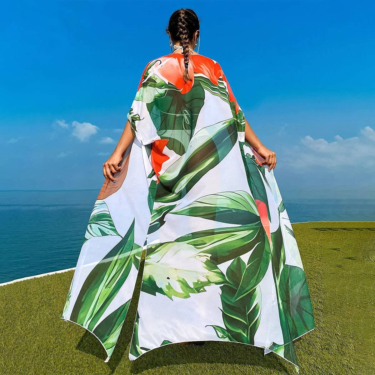 Plant Print Mesh Long Beach Cover-Up, Boho Style_CWBLS0470