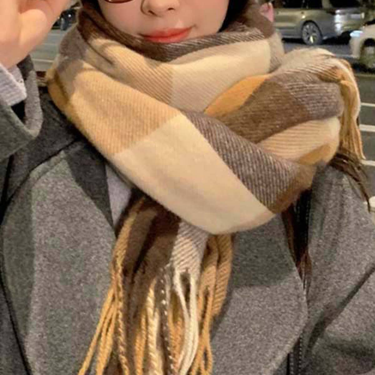 Faux Cashmere Plaid Scarf with Tassels for Men